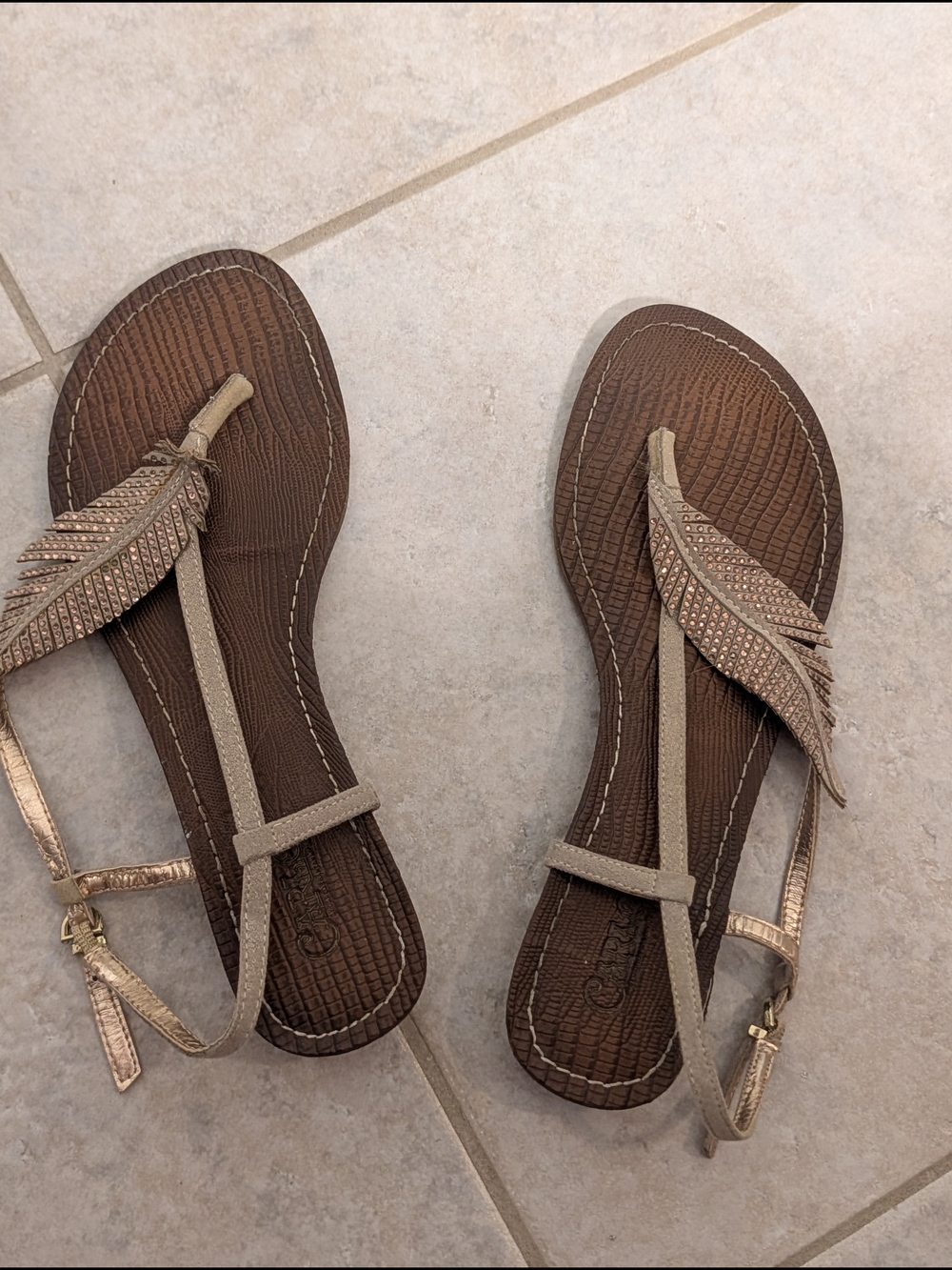 Carlos Santana Brown Sandals with Metallic Leaf Accent